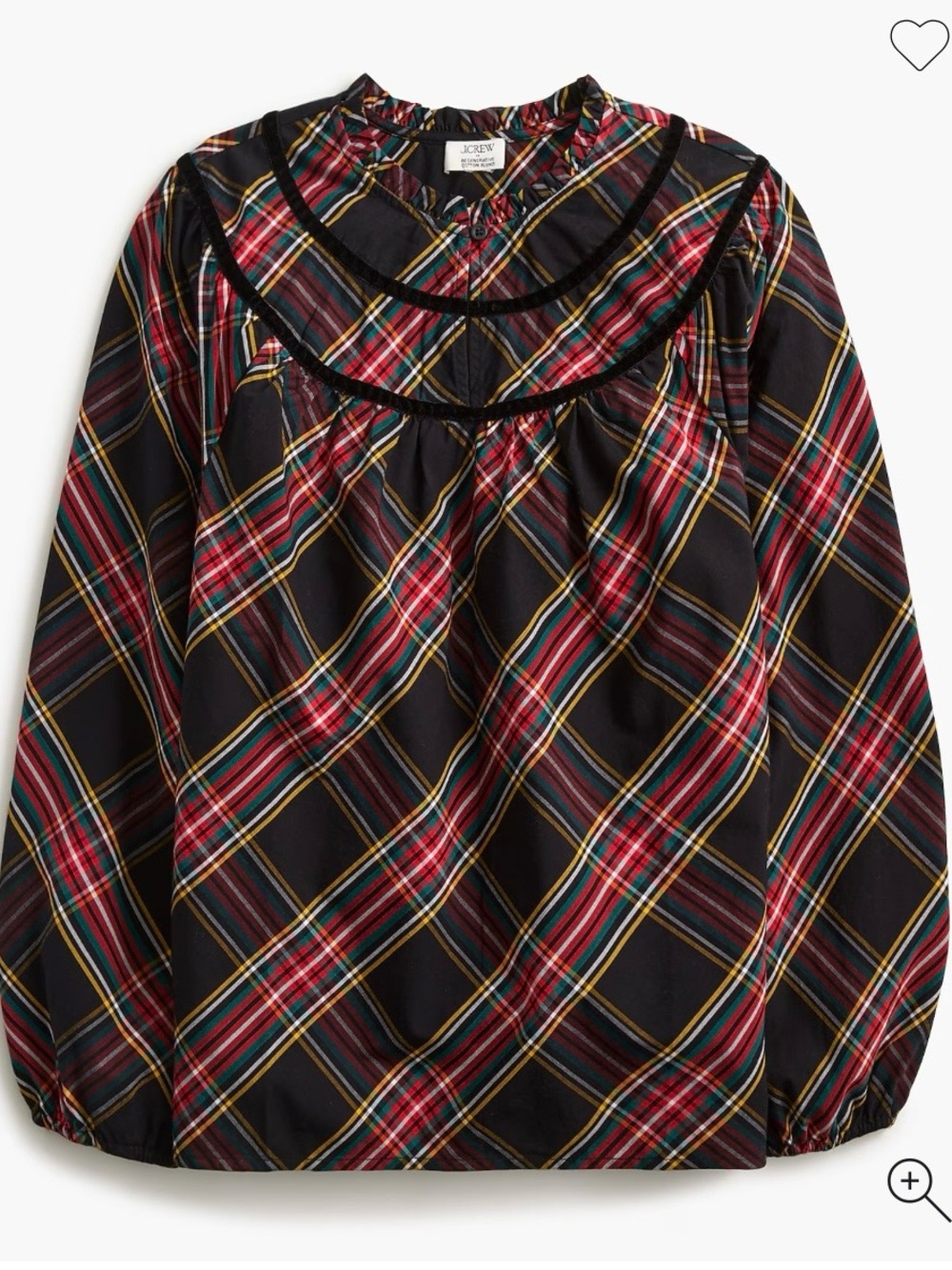 J.Crew Black Stewart Tartan Plaid Poplin Blouse Velvet Trim Top Size Small NWT